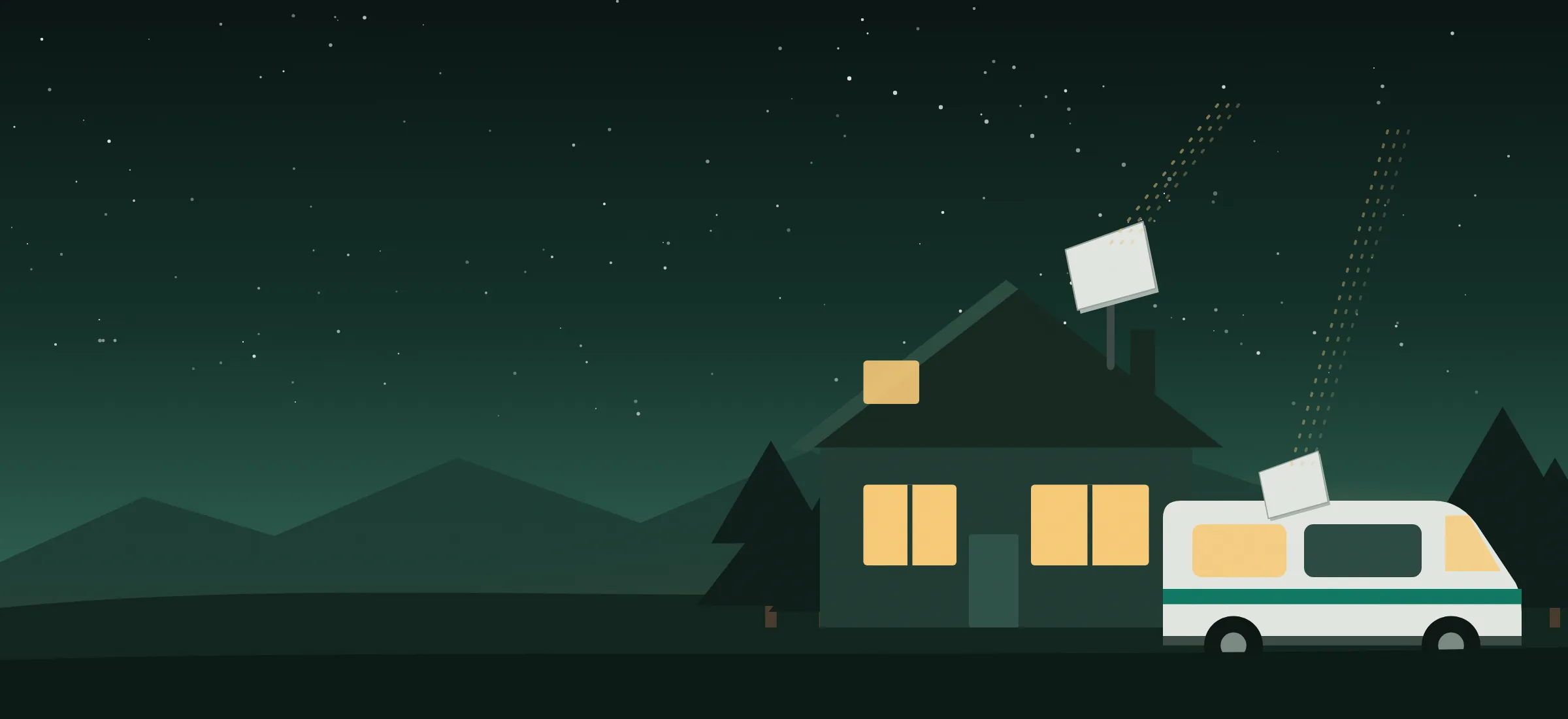 Illustration: house with a satellite dish on the roof and a camper with a dish at dusk
