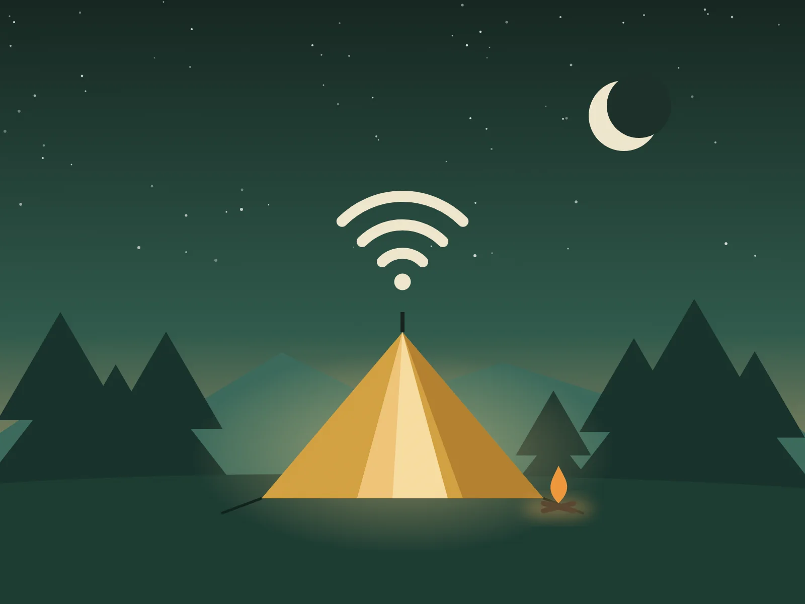 Illustration: lit tent at dusk with a Wi-Fi symbol among pine trees