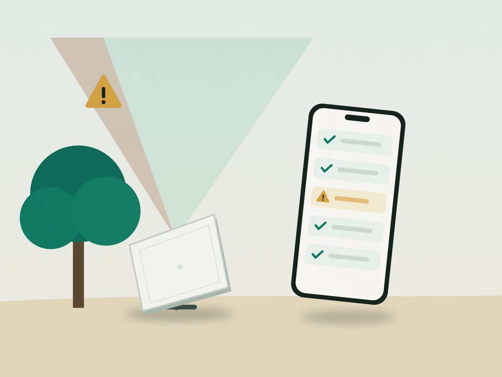 Illustration: satellite dish next to a tree obstruction and a smartphone showing a checklist with a warning
