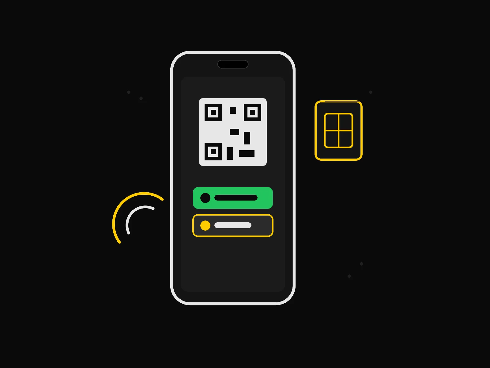 Illustration: Smartphone mit QR-Code und zwei Leitungen, daneben SIM-Chip und Funkwellen