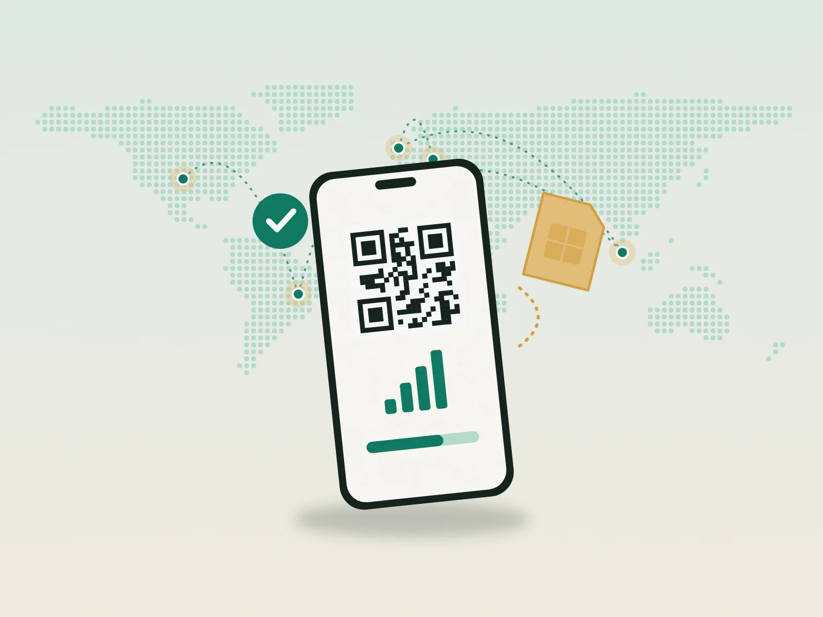 Illustration: smartphone with an eSIM QR code and SIM chip in front of a dotted world map