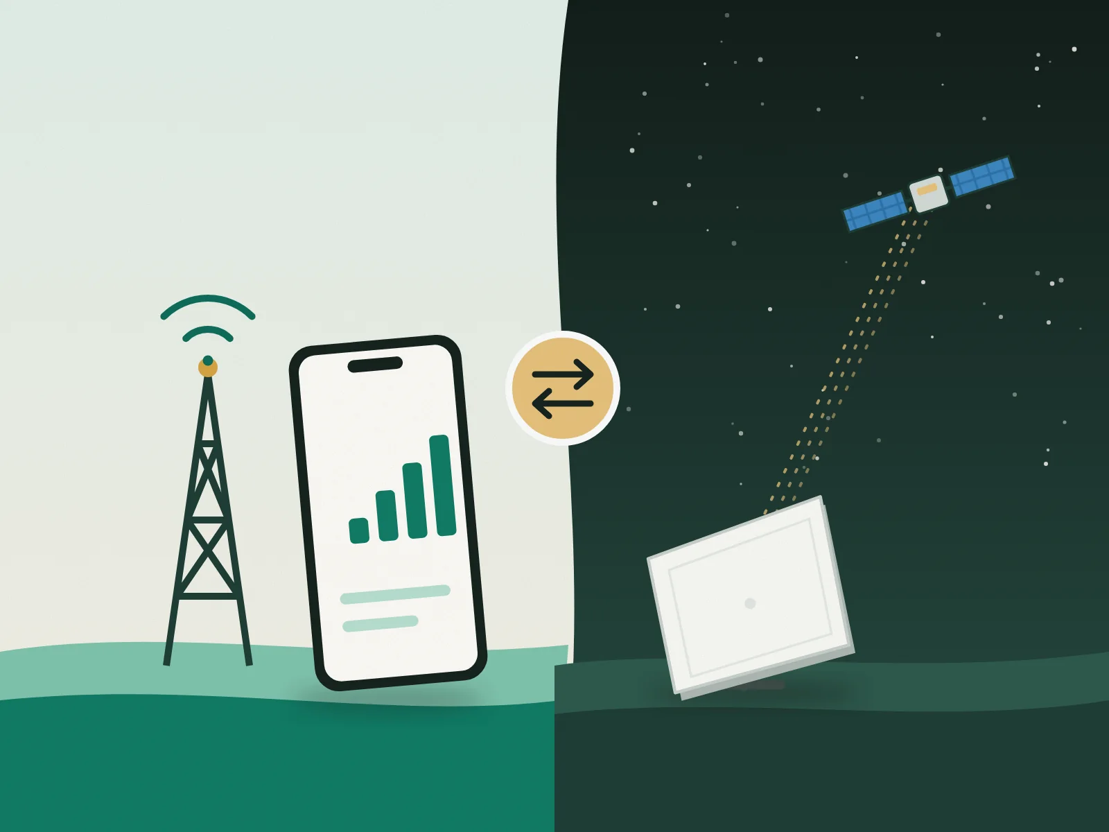 Illustration: smartphone next to a cell tower on the left, satellite dish under a starry sky on the right