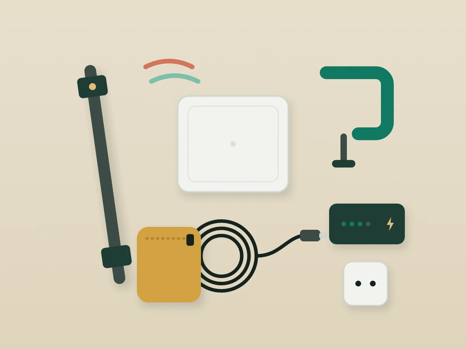 Illustration: accessories from above – satellite dish, pole mount, clamp, cable, power bank, bag, adapter