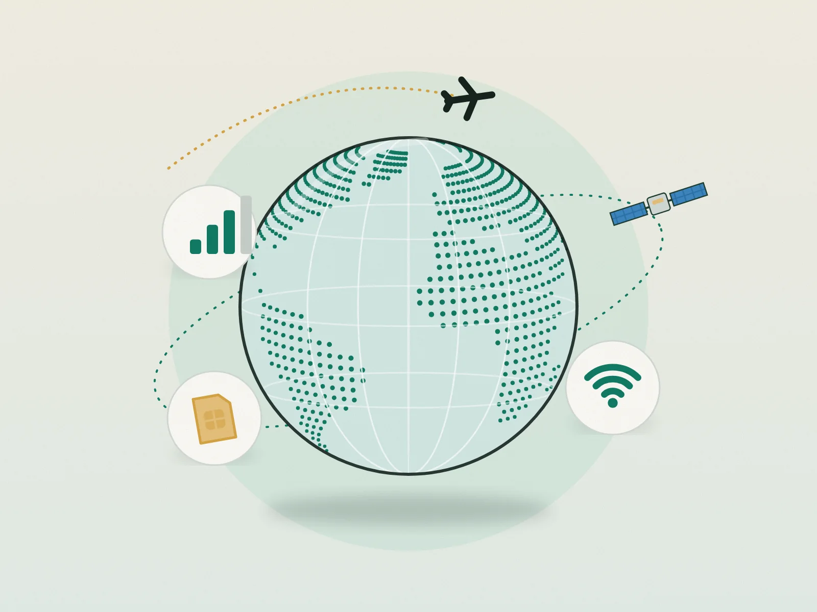 Illustration: globe with satellite, plane, signal bars, Wi-Fi and SIM icons