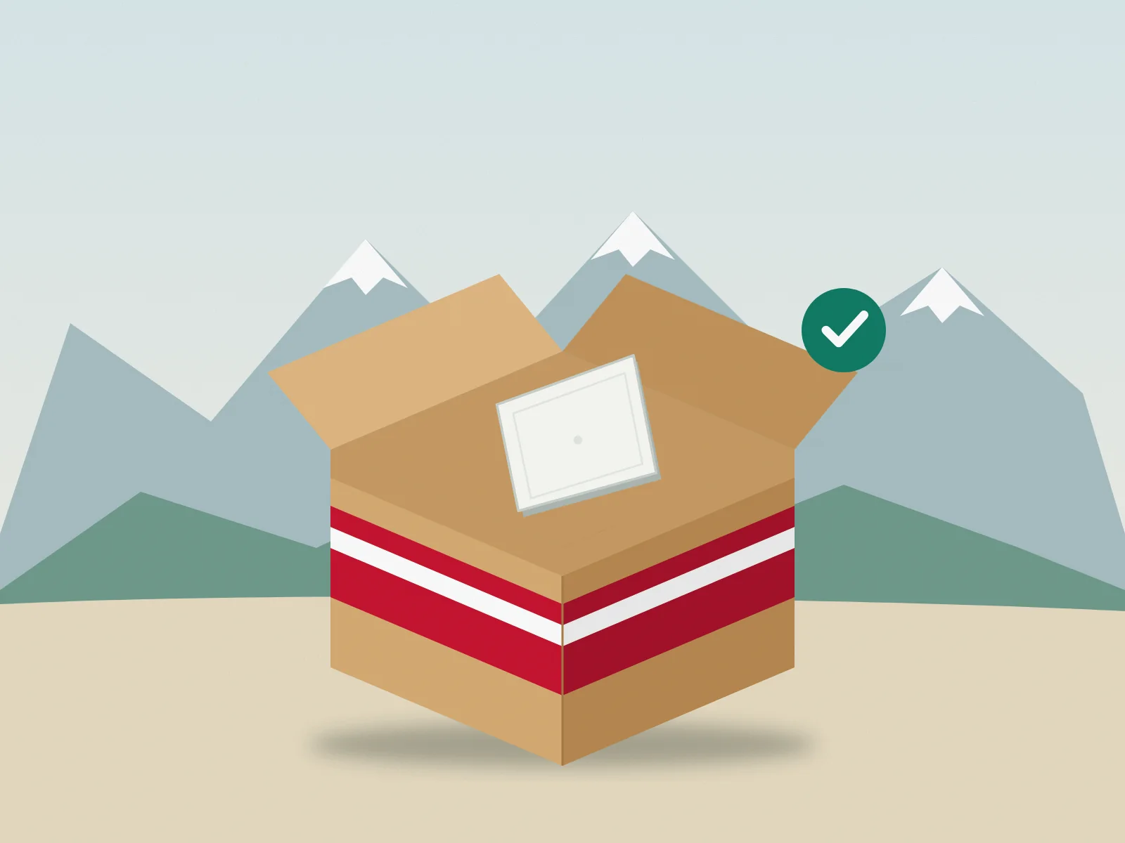 Illustration: open box with a satellite dish and red-white-red band in front of the Alps