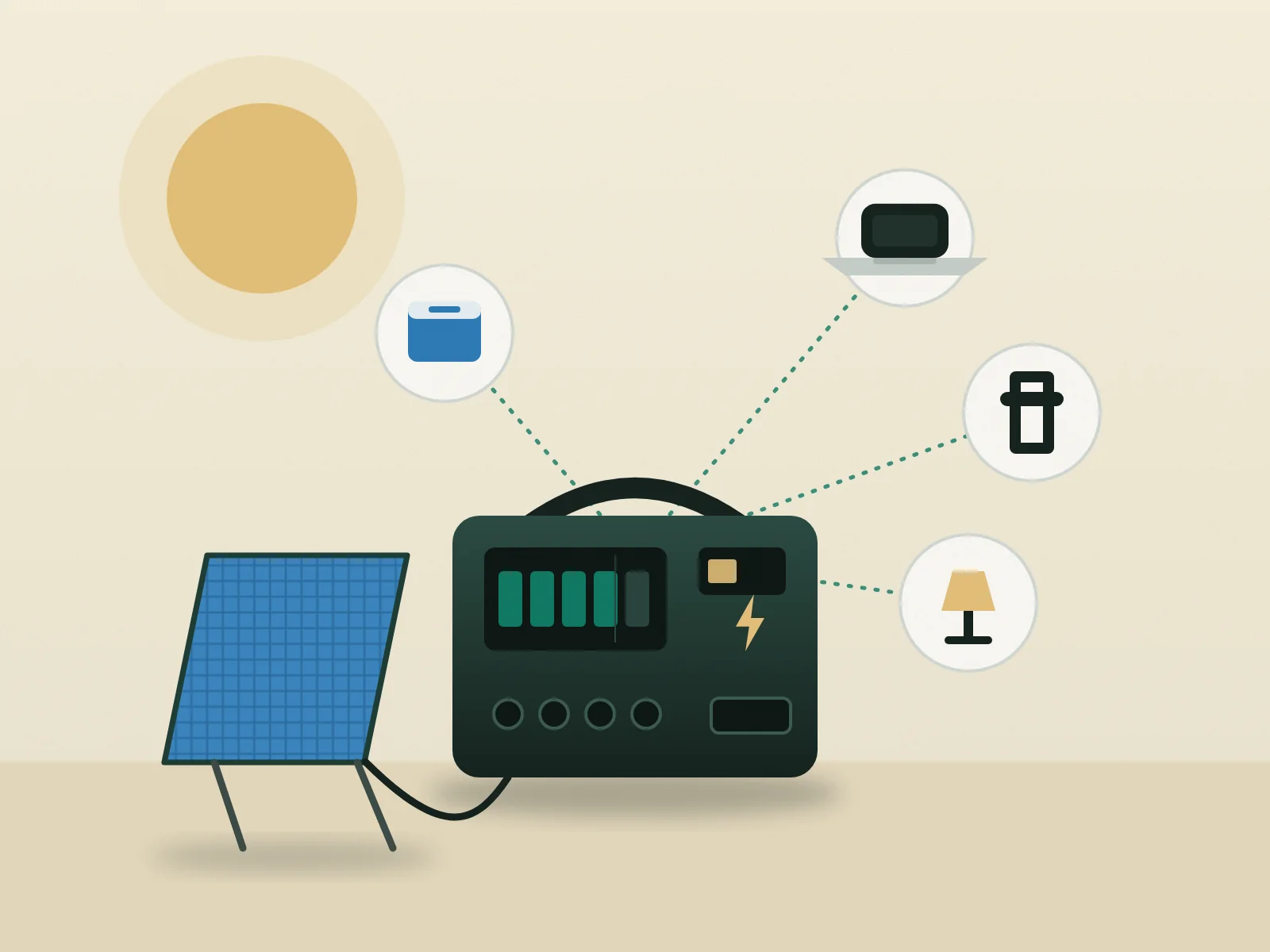 Illustration: power station with battery display, solar panel and connected devices