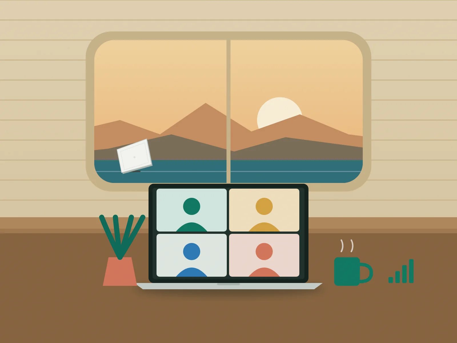 Illustration: laptop with a video call on a campervan table, mountains and a satellite dish outside