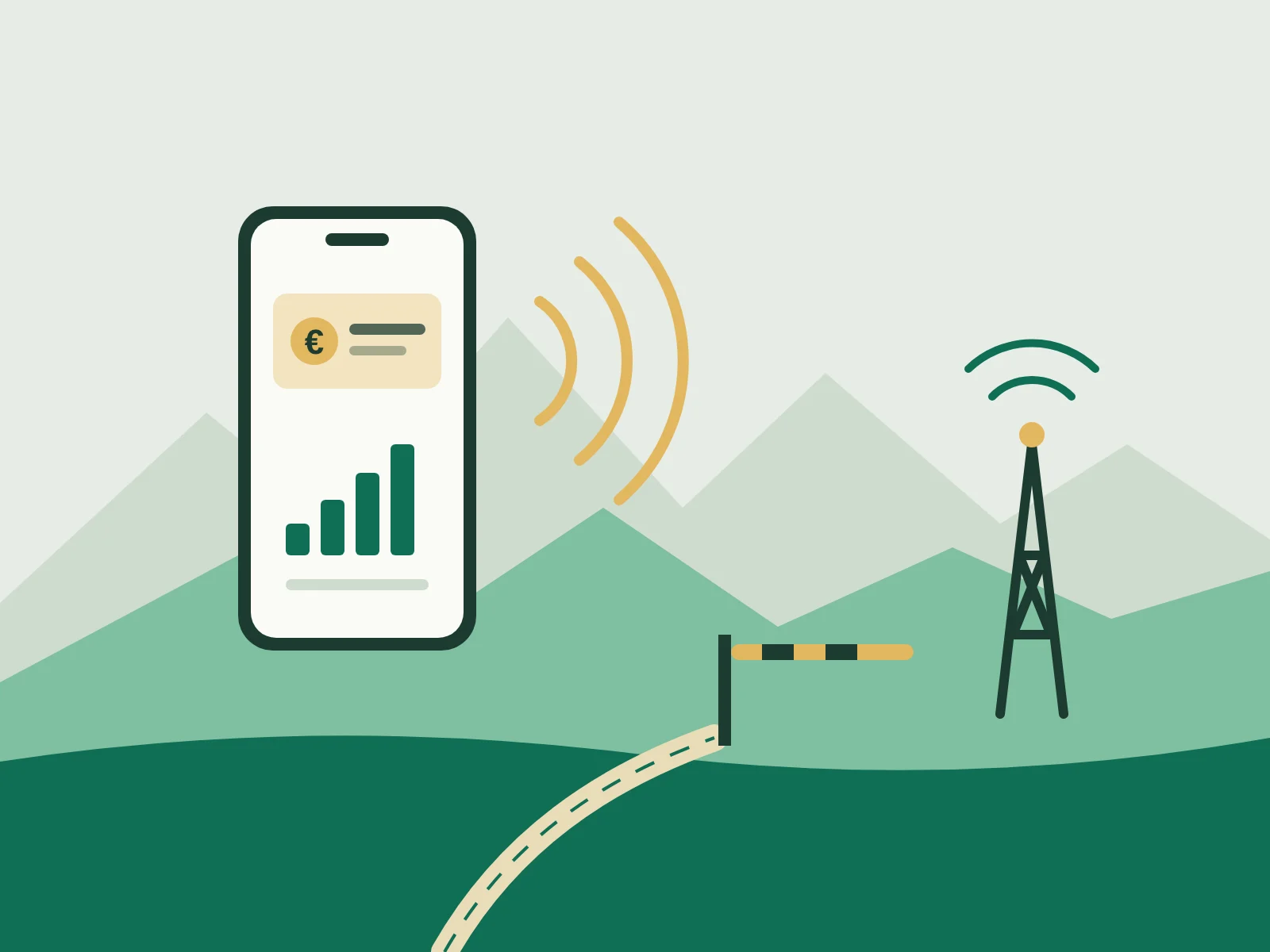 Illustration: Smartphone mit Euro-Hinweis vor Bergen, Straße zum Grenzbalken und Mobilfunkmast