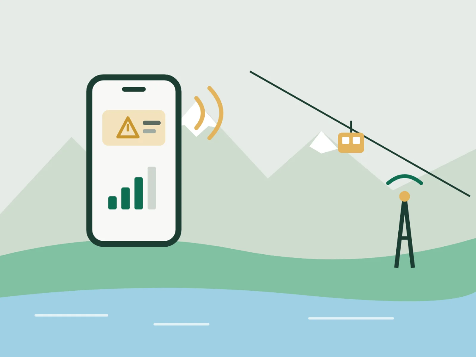 Illustration: Smartphone mit Warnhinweis vor Bergen, Seilbahn-Gondel, Mobilfunkmast und See