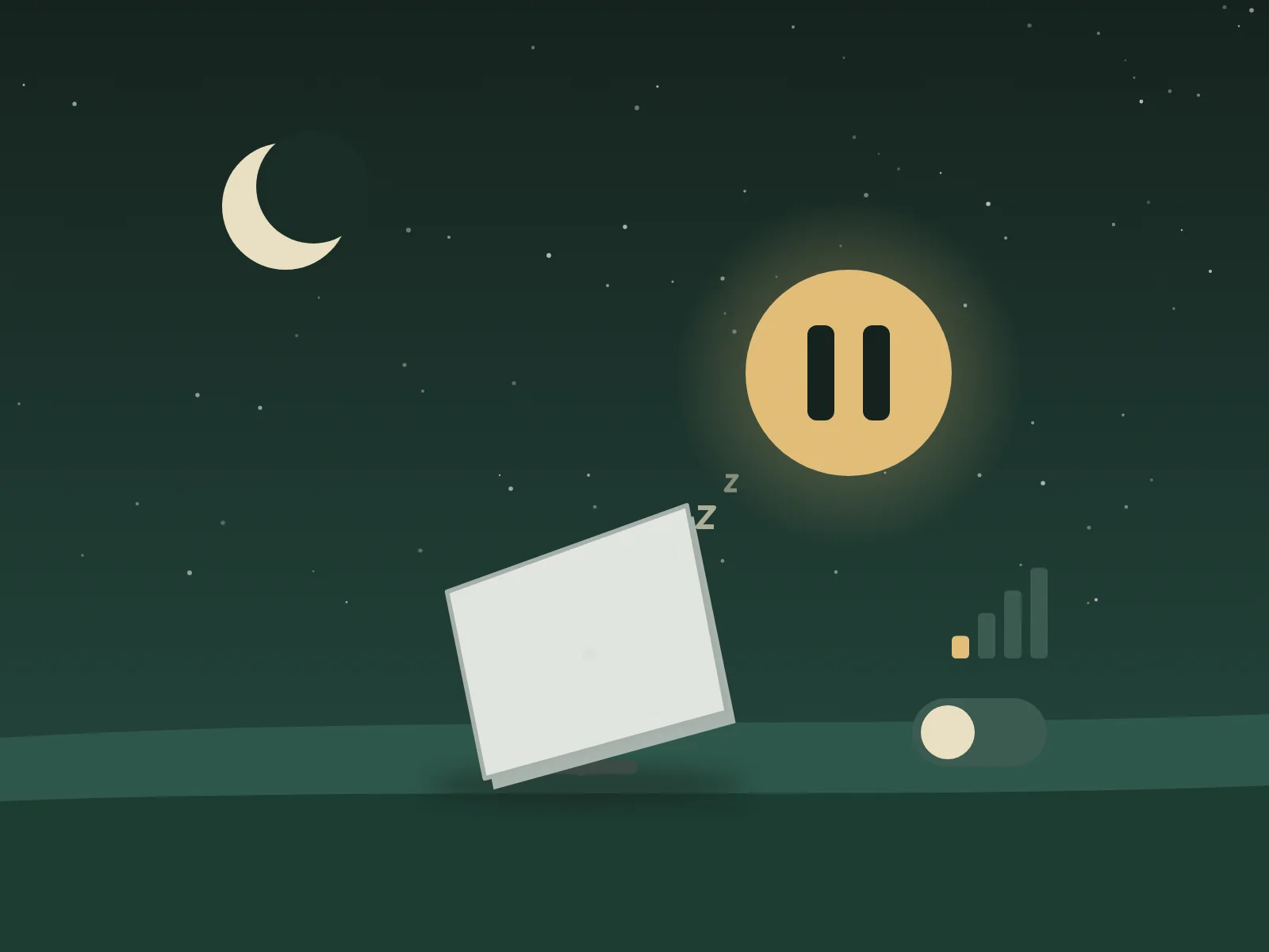 Illustration: satellite dish at night with a large pause symbol and weak signal