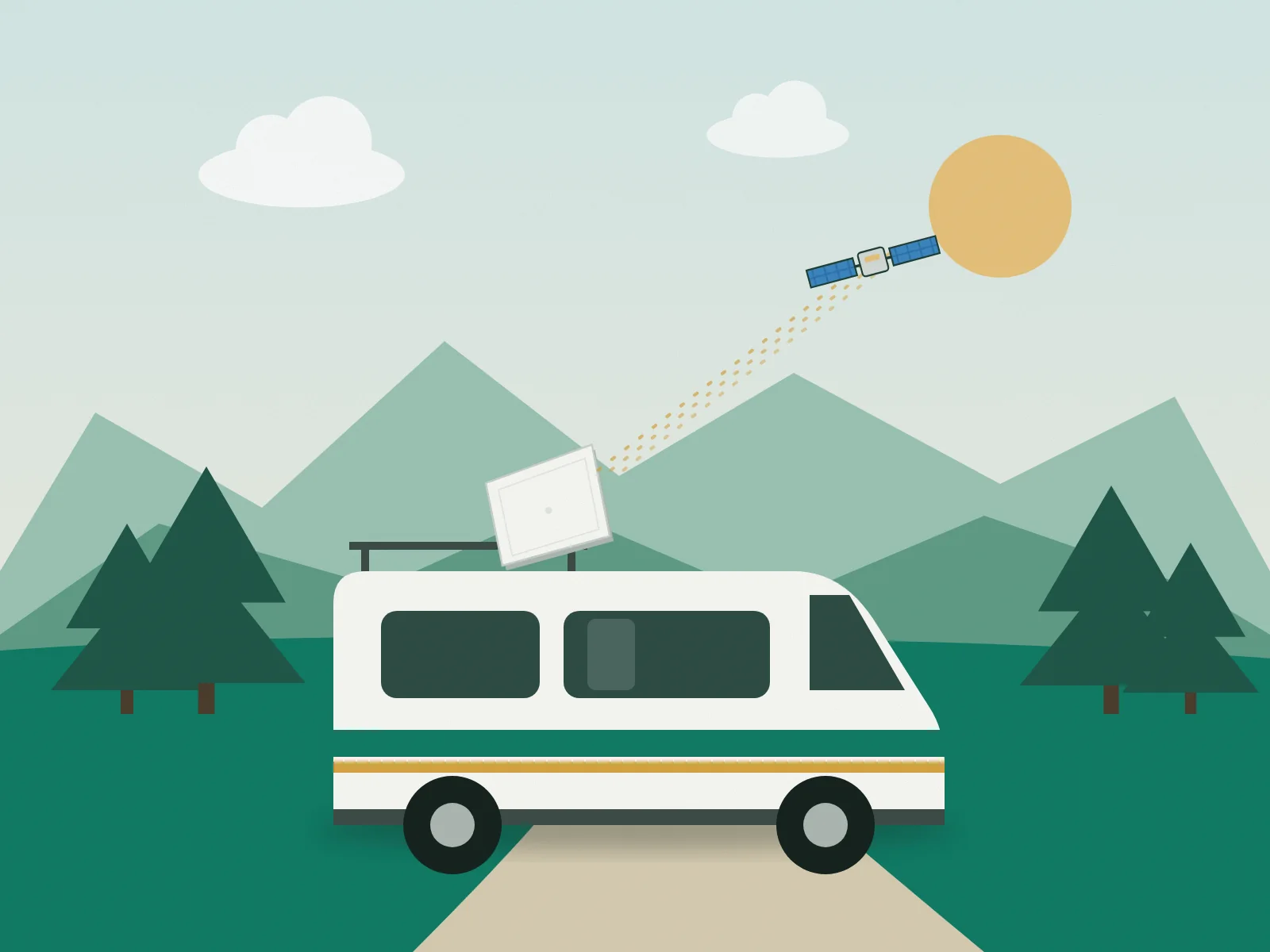 Illustration: campervan in the mountains with a satellite dish on the roof