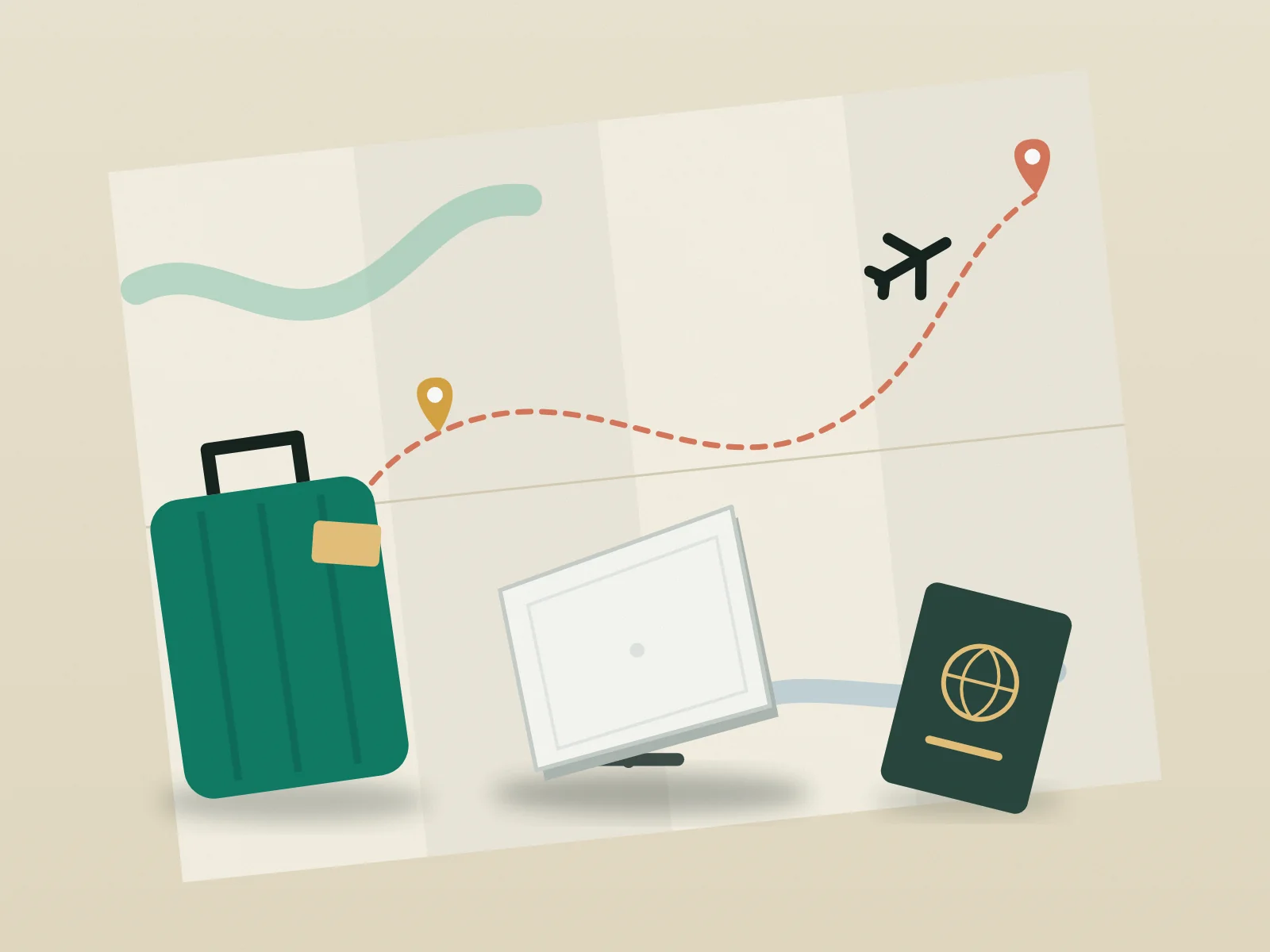 Illustration: compact satellite dish on a travel map with suitcase, passport and flight route
