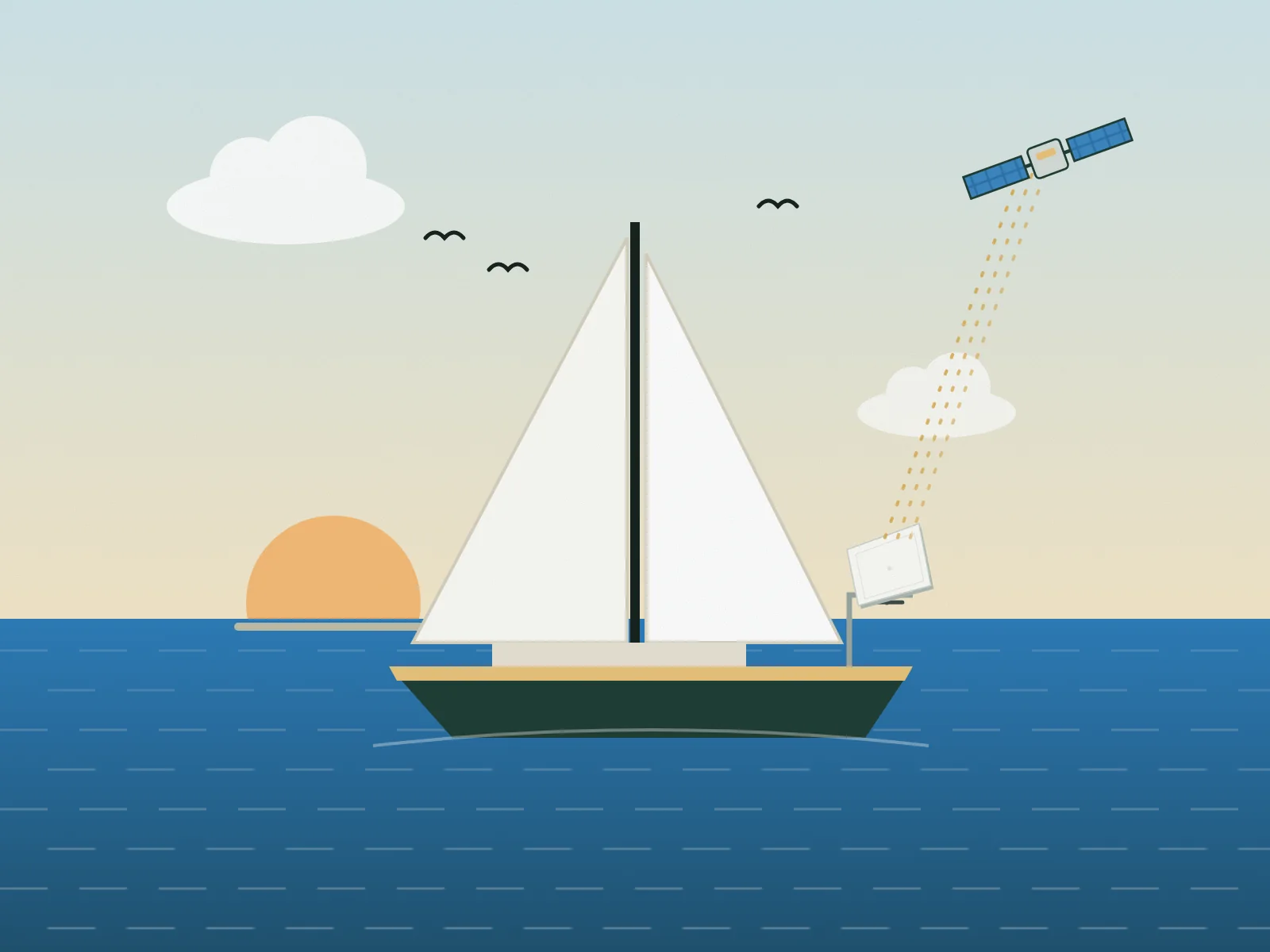Illustration: sailboat at sea with a satellite dish on the rail and a satellite in the sky