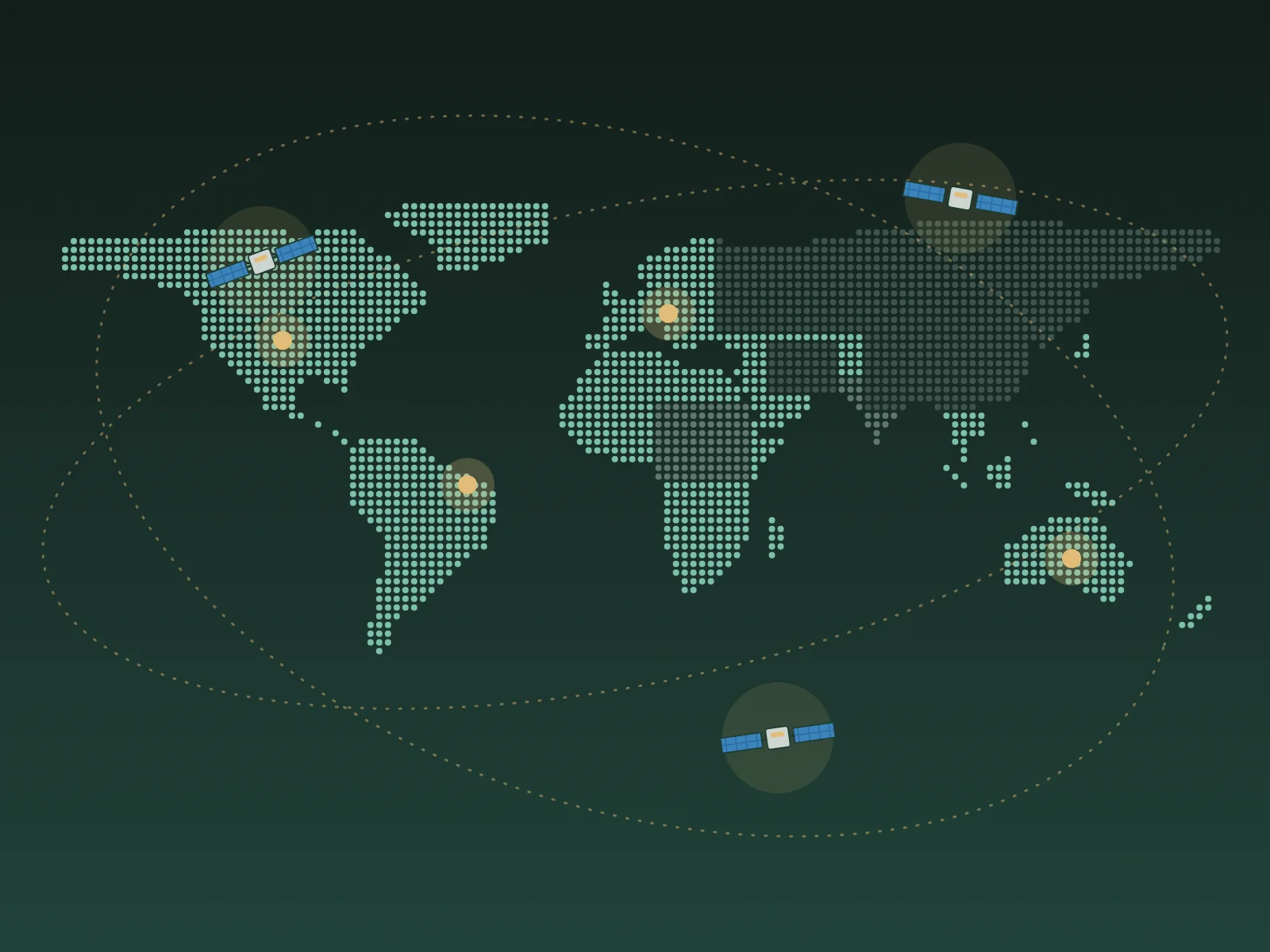 Illustration: dotted world map showing regions with and without satellite coverage